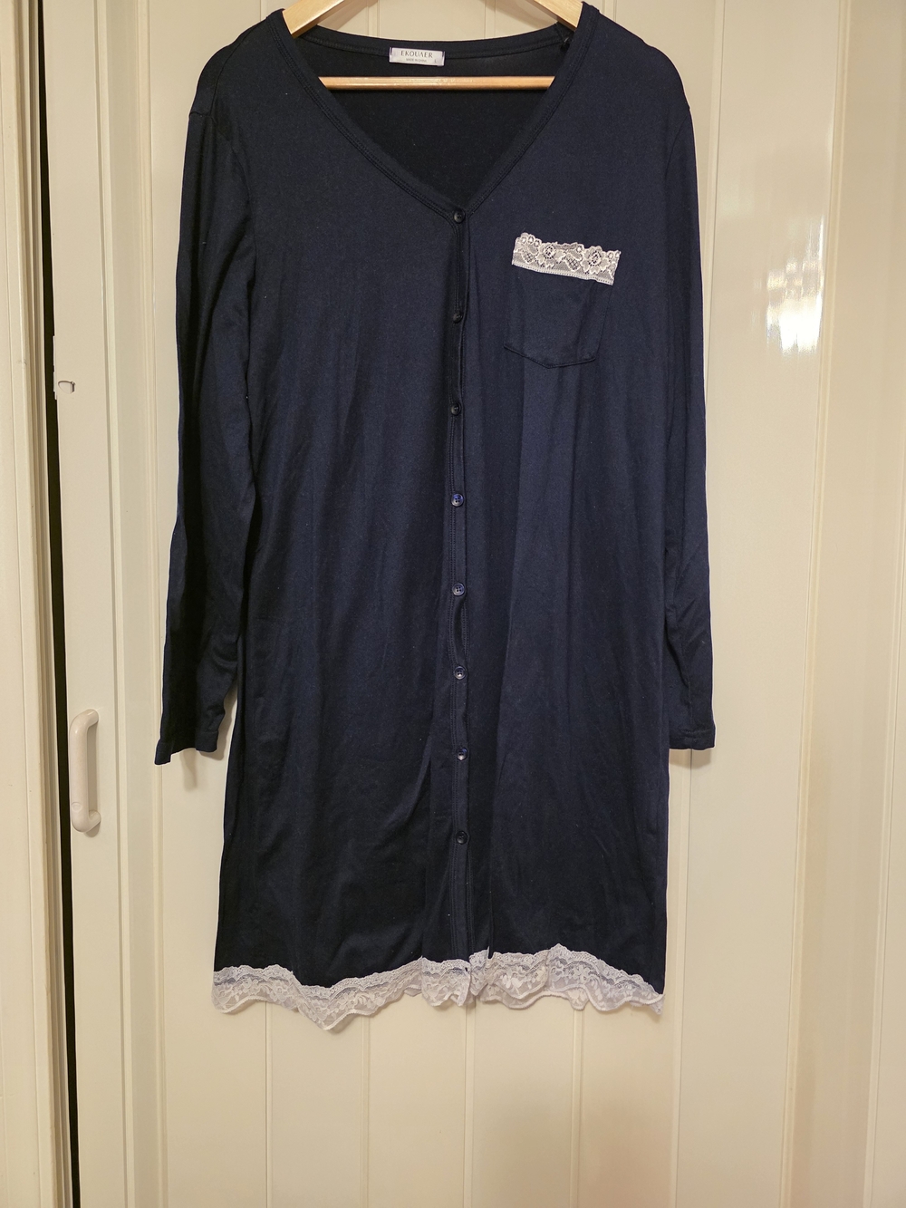 Ekouaer Navy Long-Sleeve Button Front Nightgown with White Lace